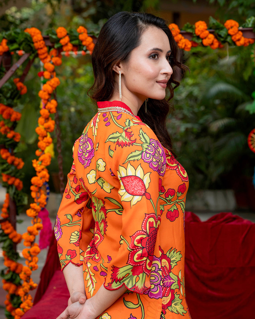 Orange Floral-Stroked Kurta Set