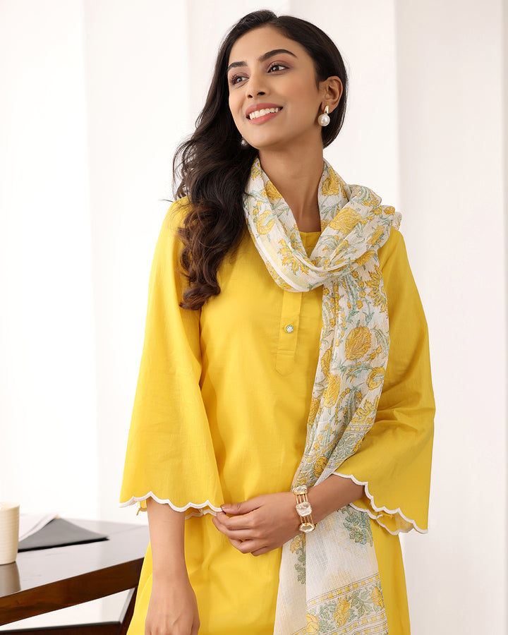 YELLOW COTTON KURTA-DUPATTA SET
