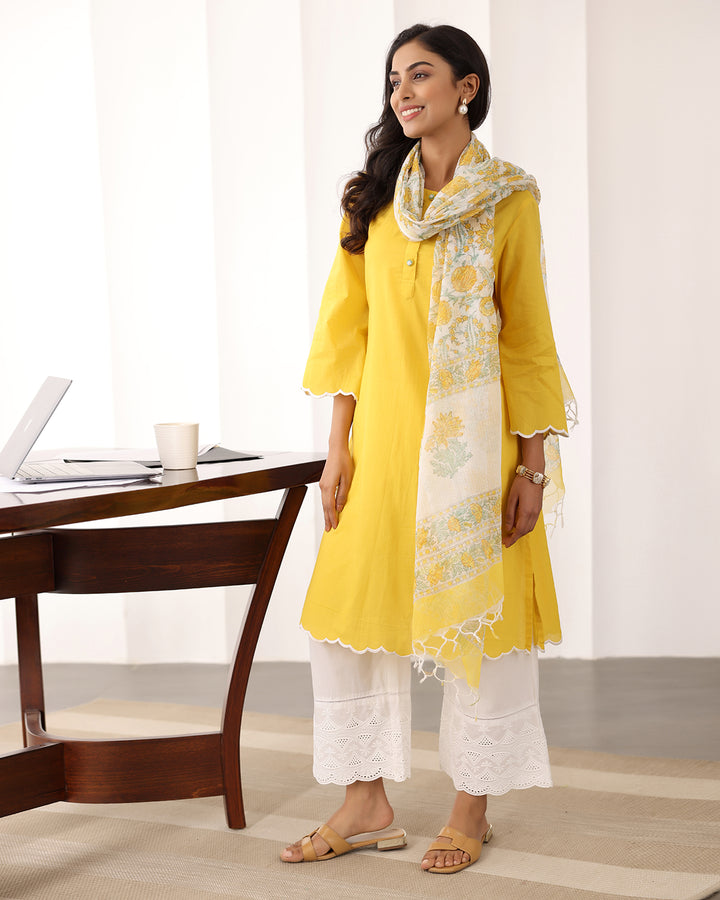 YELLOW COTTON KURTA-DUPATTA SET