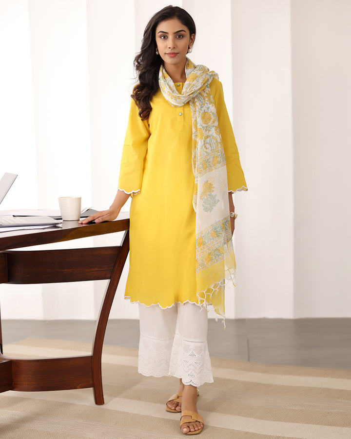 YELLOW COTTON KURTA-DUPATTA SET