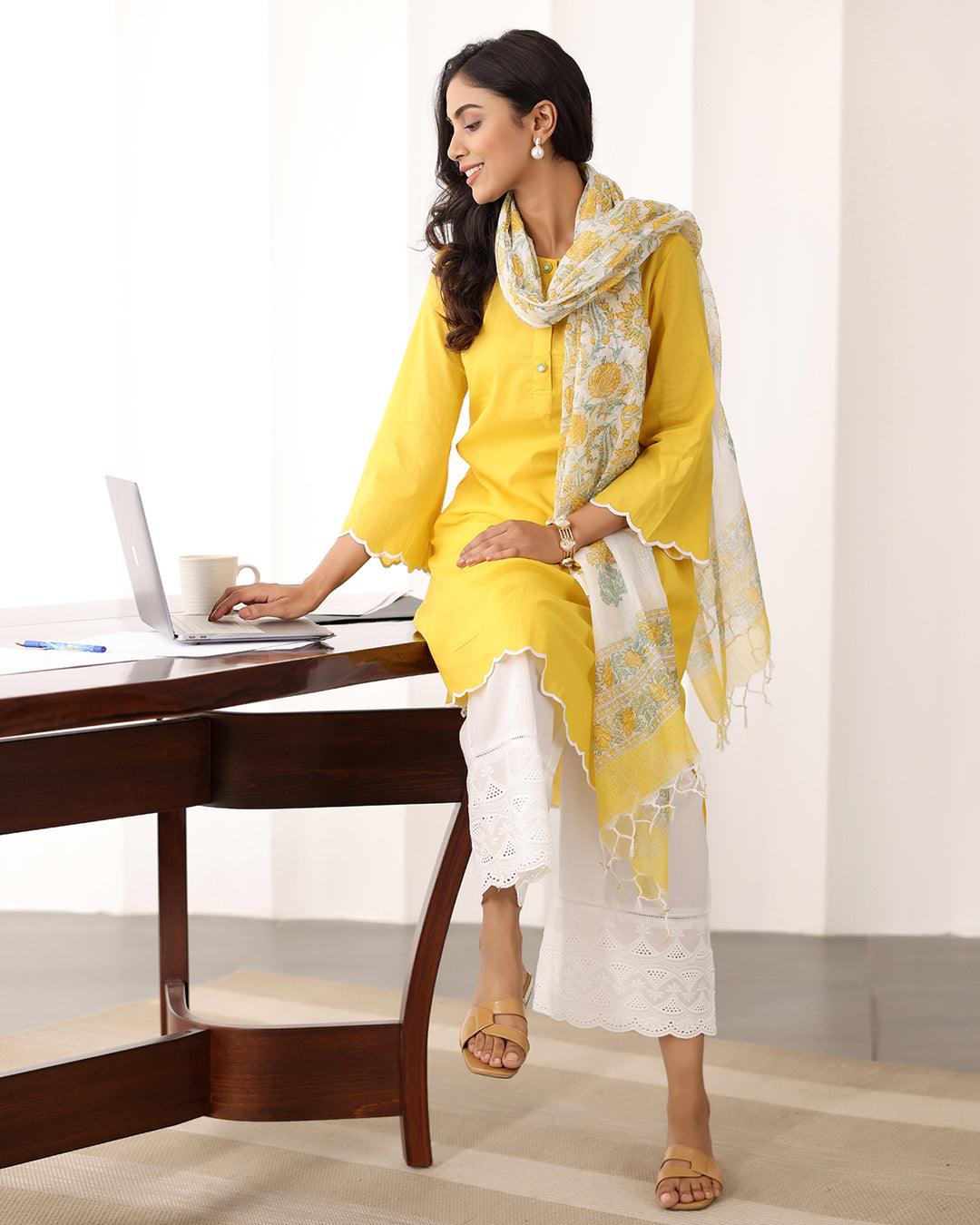 YELLOW COTTON KURTA-DUPATTA SET