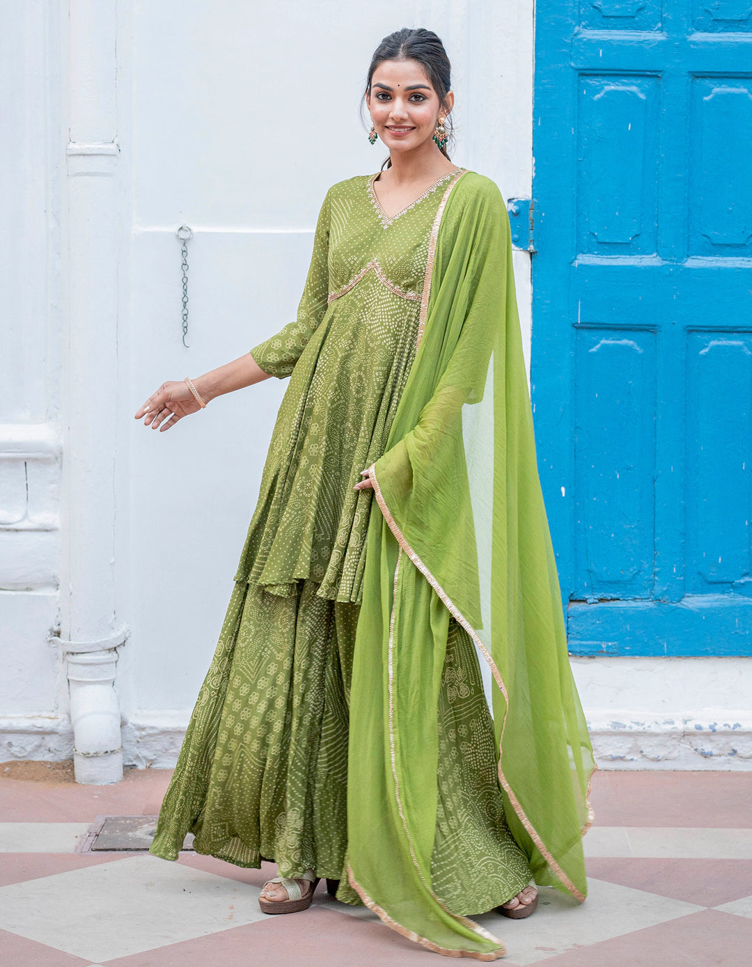 Green Bandhej & Sequin Sharara Set