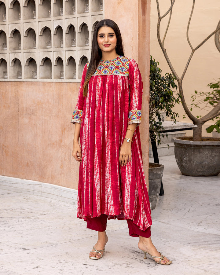 Red Tie Dye Gathered Kurta Set