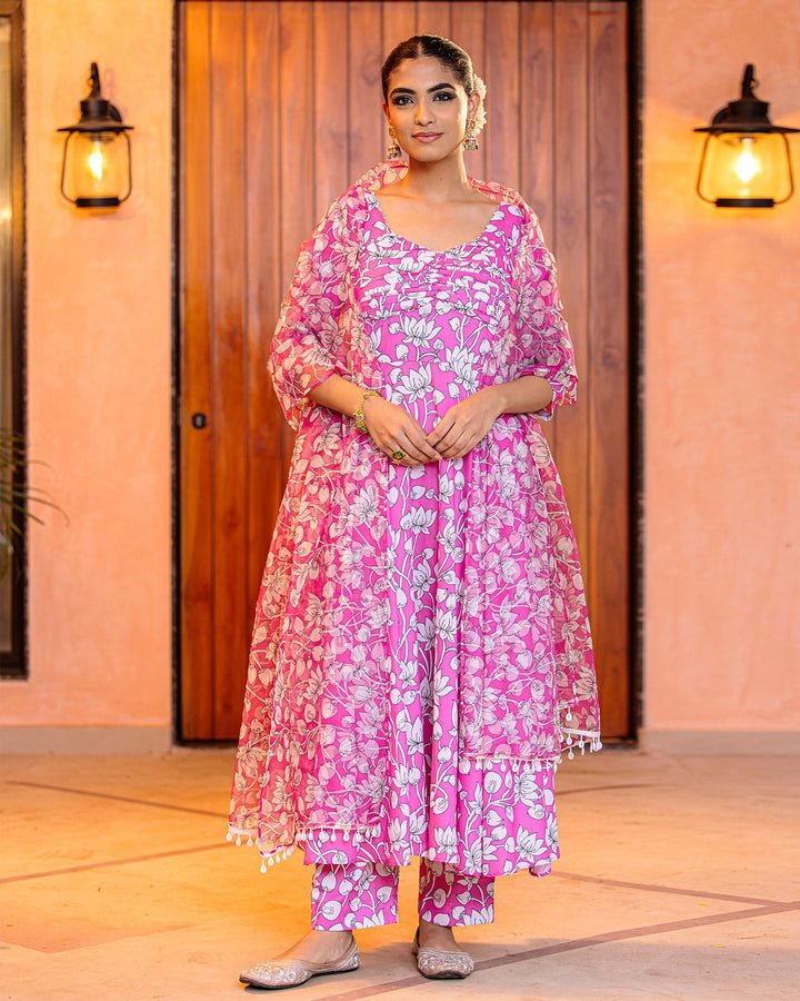 Pink Floral Muslin Suit Set