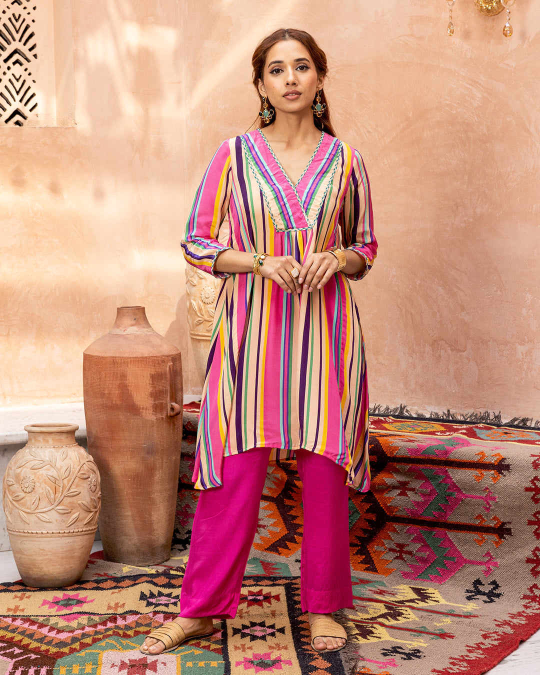 Pink Blossom & Stripes Kurta Set
