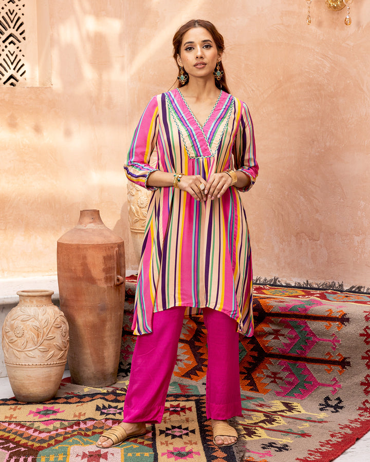 Pink Blossom & Stripes Kurta Set