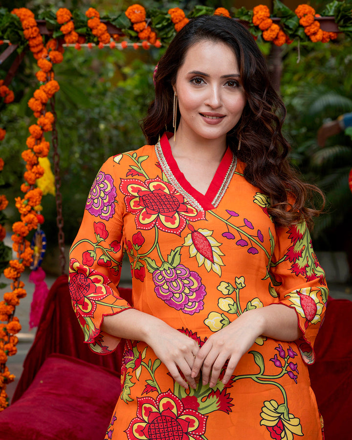 Orange Floral-Stroked Kurta Set