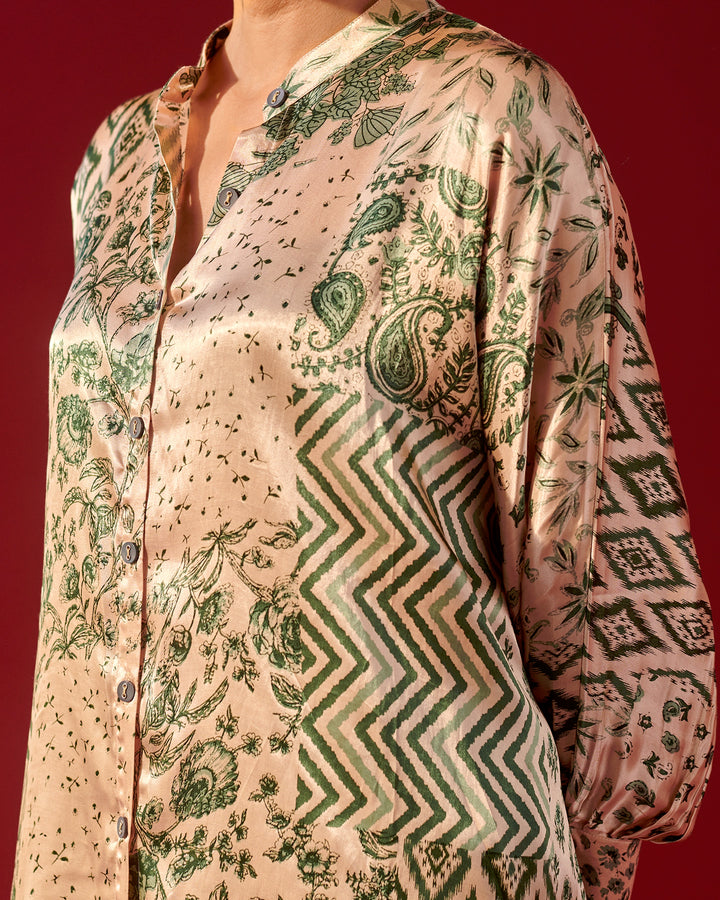 Ivory Green Print Platter Shirt Set
