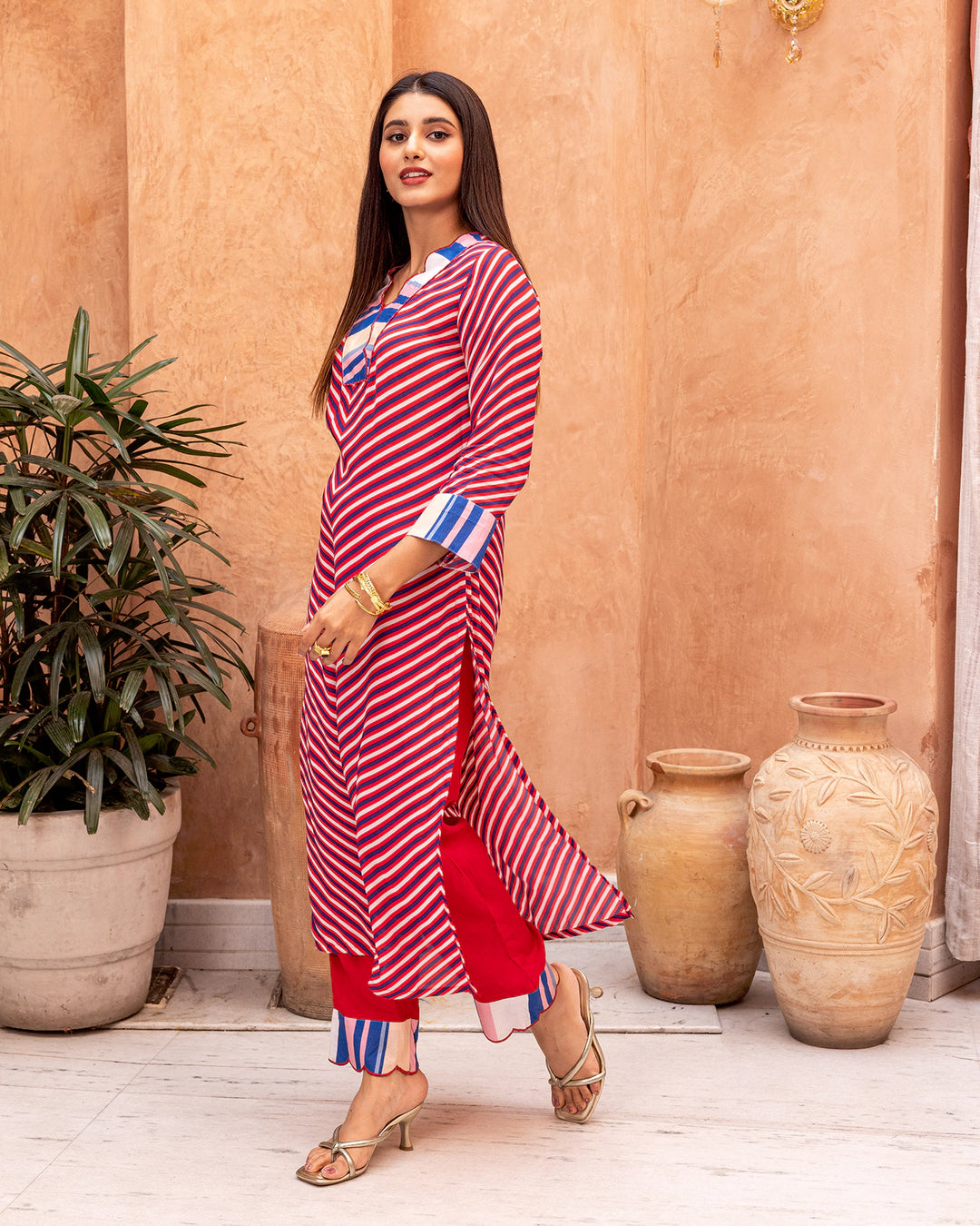 Red Stripes & Floral Kurta Set