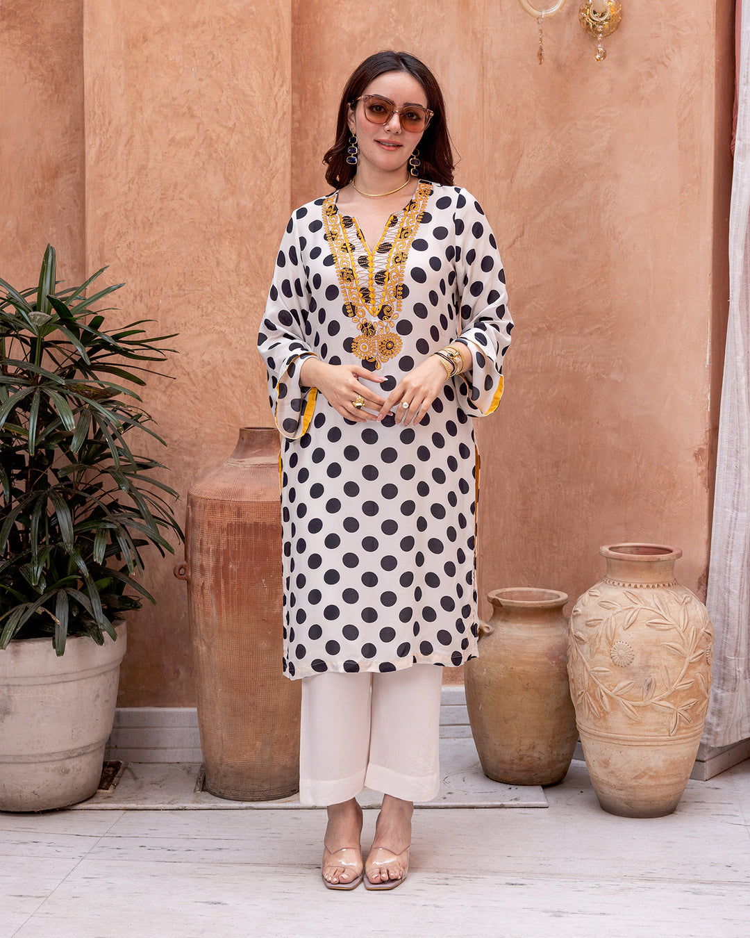 Off-White Polka Embroidered Kurta Set