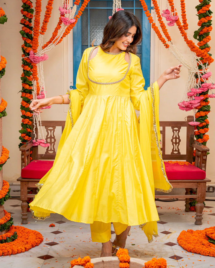 Yellow Chanderi Cut-Out Suit Set