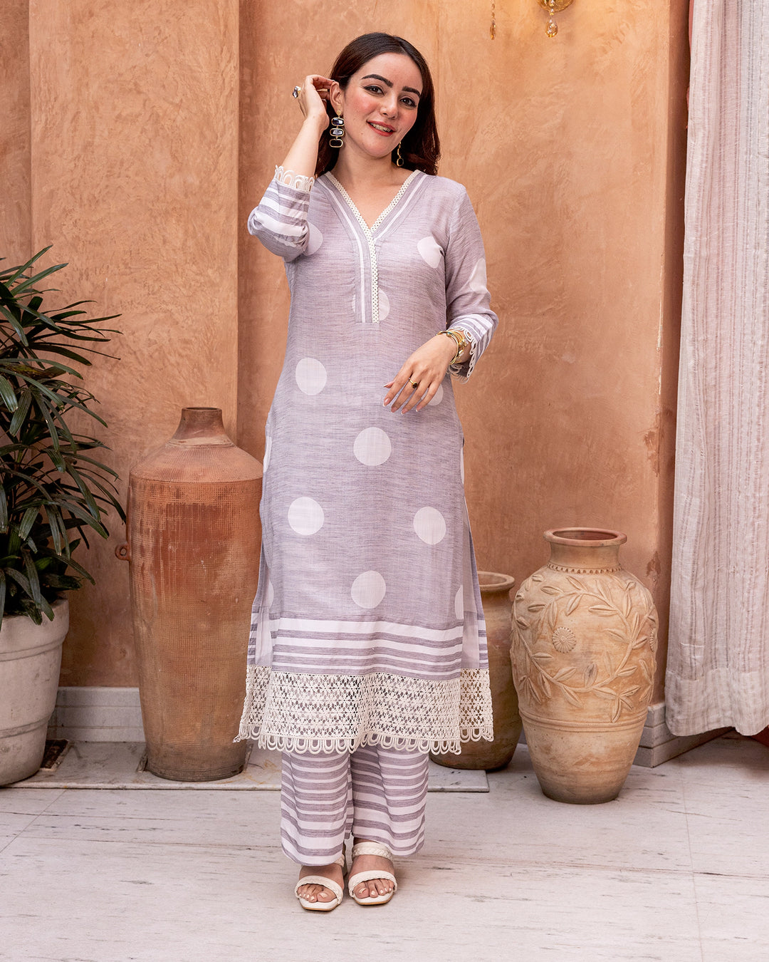 Grey Lace & Polka Kurta Set