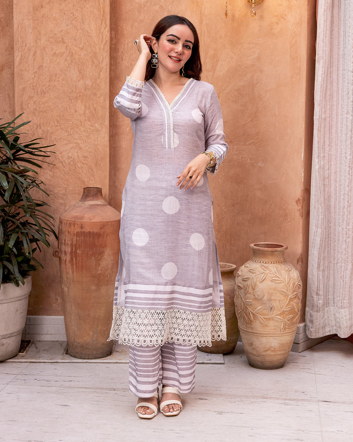Grey Lace & Polka Kurta Set