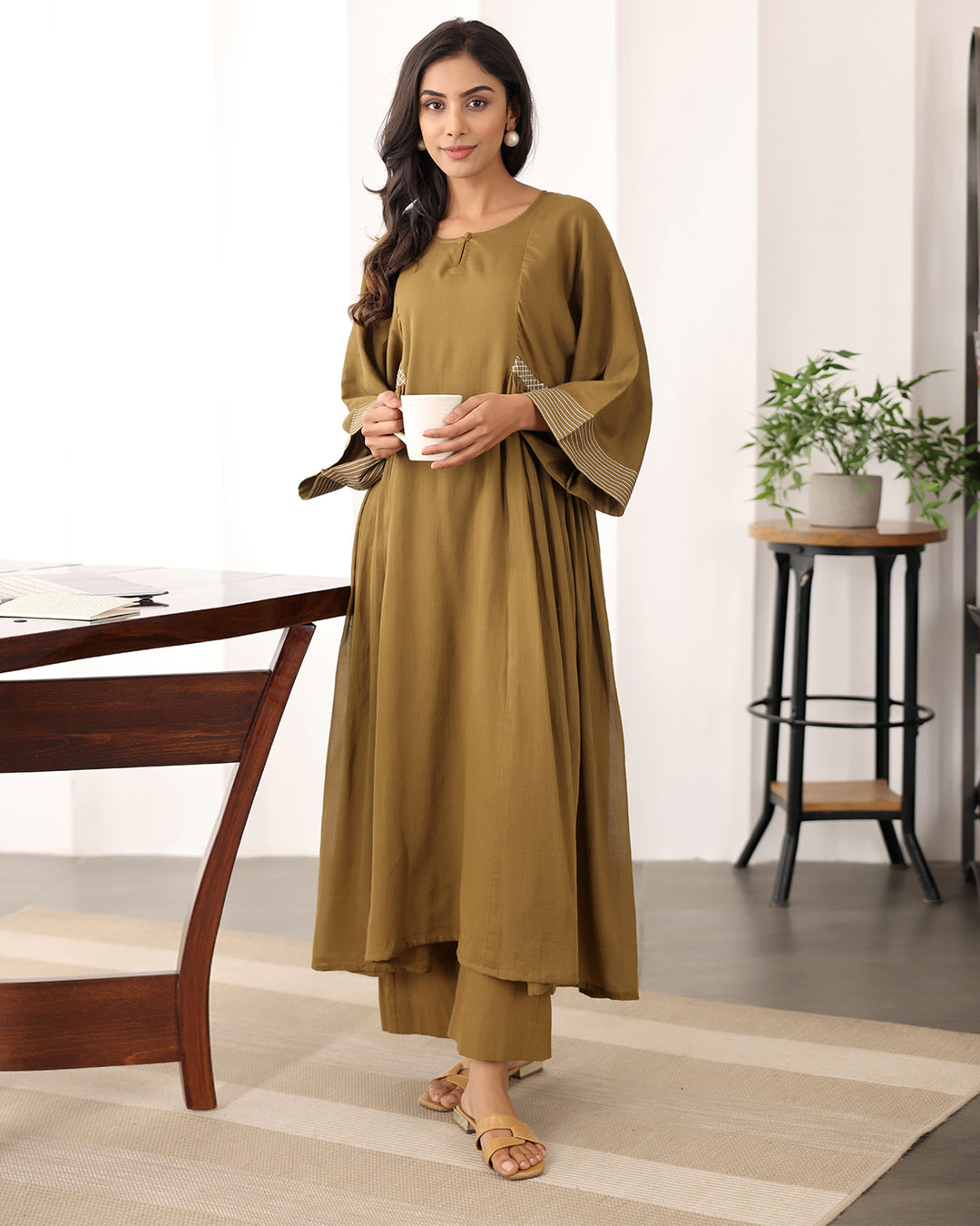 A-line Brown Cotton Kurta Set