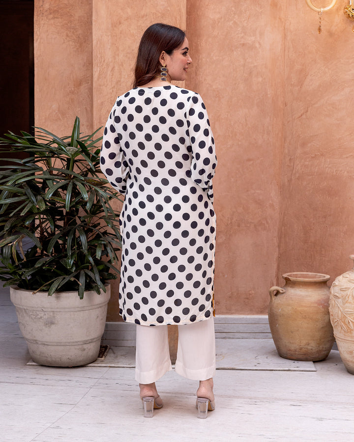 Off-White Polka Embroidered Kurta Set