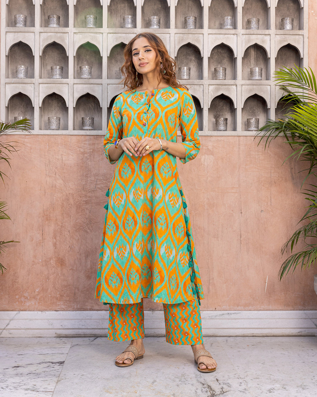 Orange Contrasting Ikat Kurta Set