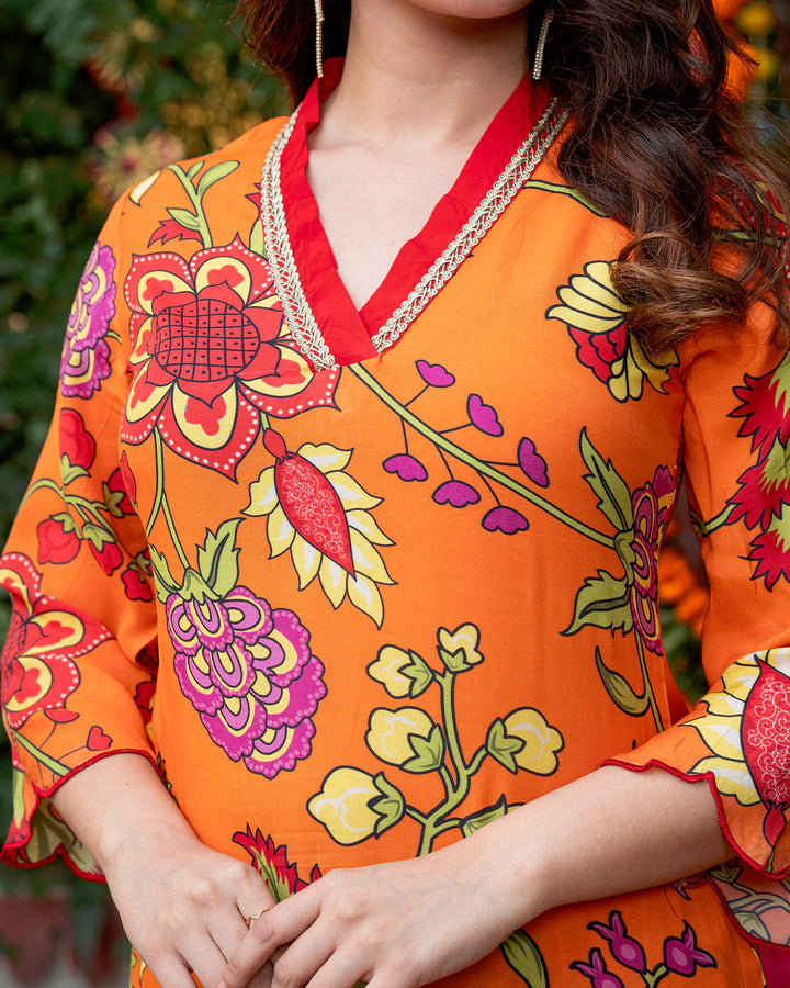 Orange Floral-Stroked Kurta Set