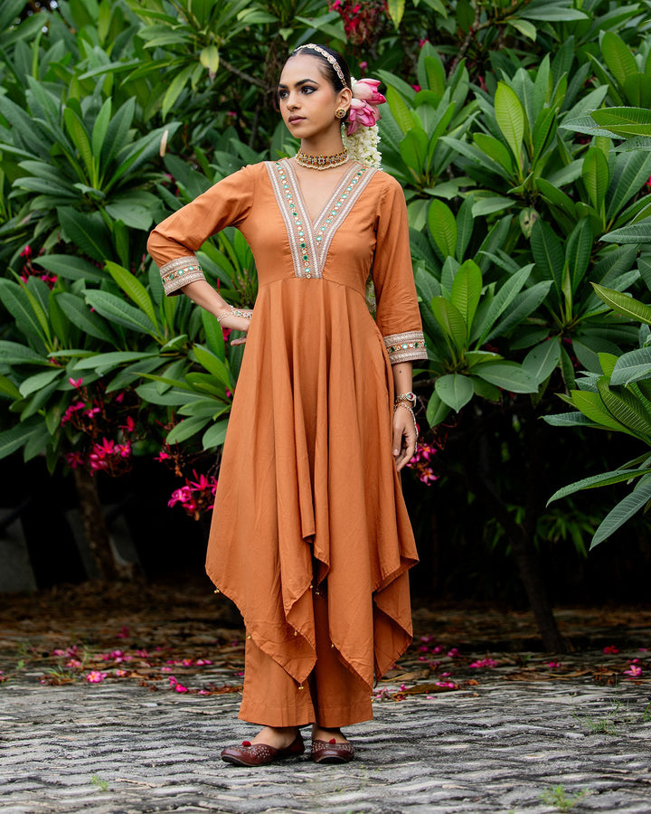 Rust Brown Mirror Work Kurta Set