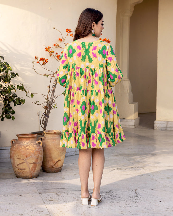 Pastel Yellow Tiered Ikat Dress