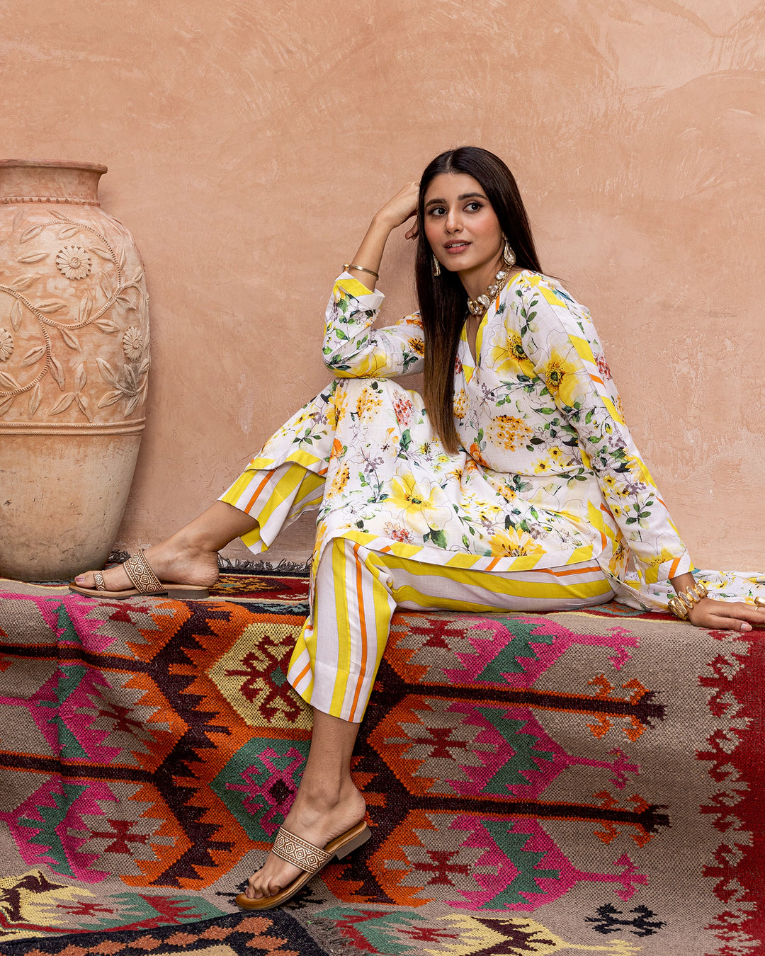 White Blossom & Stripe Kurta Set