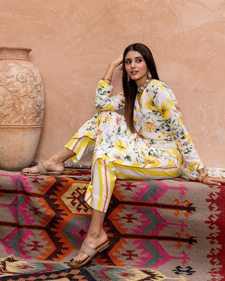 White Blossom & Stripe Kurta Set