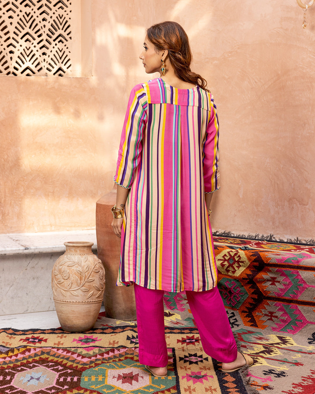 Pink Blossom & Stripes Kurta Set