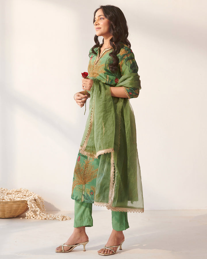 Green Foliage Print Suit Set