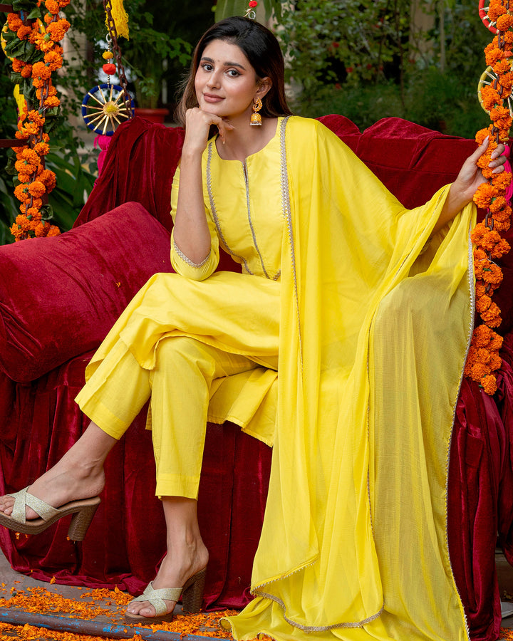 Yellow Chanderi Solid Suit Set