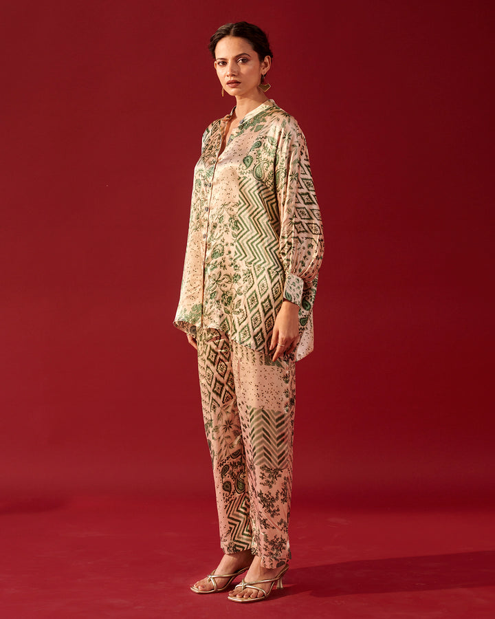 Ivory Green Print Platter Shirt Set