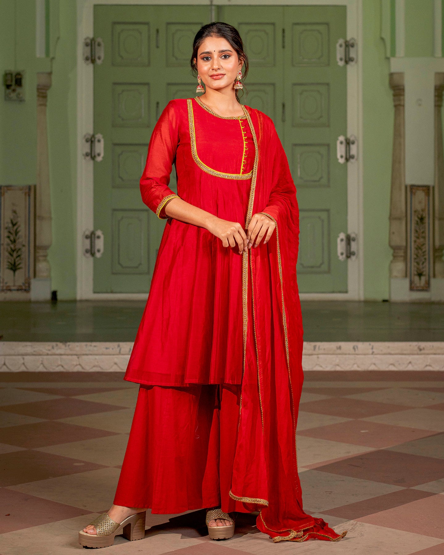 Red Chanderi Cotton Chudidar Suit