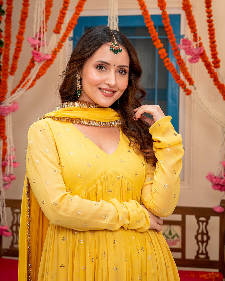 Mustard Mukaish Work Suit Set