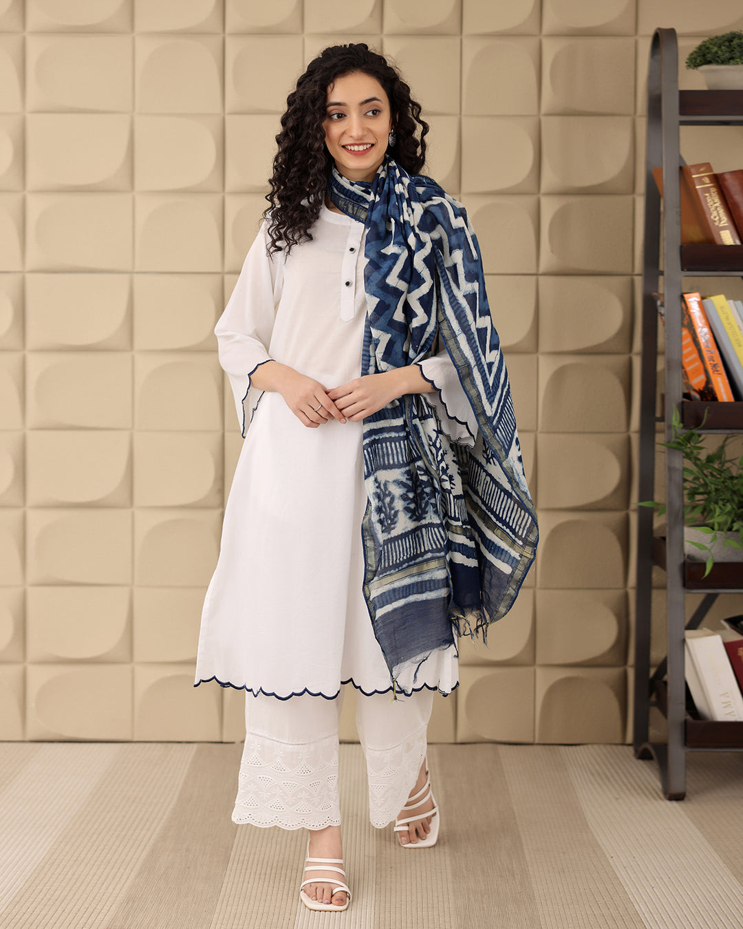 WHITE A-LINE KURTA - DUPATTA SET