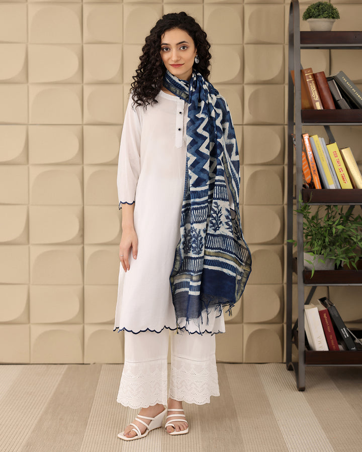 WHITE A-LINE KURTA - DUPATTA SET