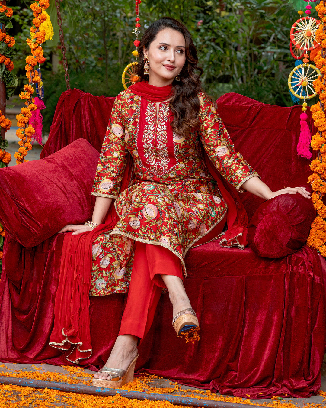 Red Floral Vine Suit Set