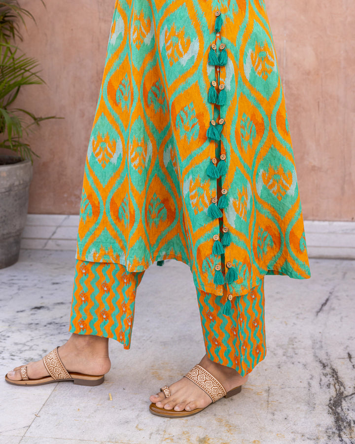 Orange Contrasting Ikat Kurta Set