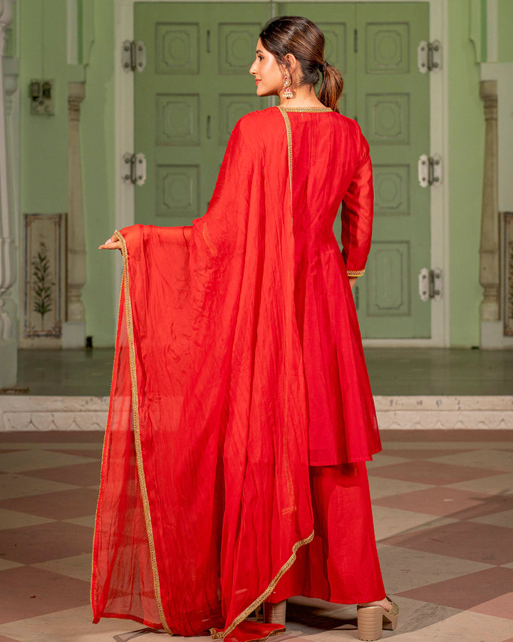 Red Kalidaar Chanderi Suit Set