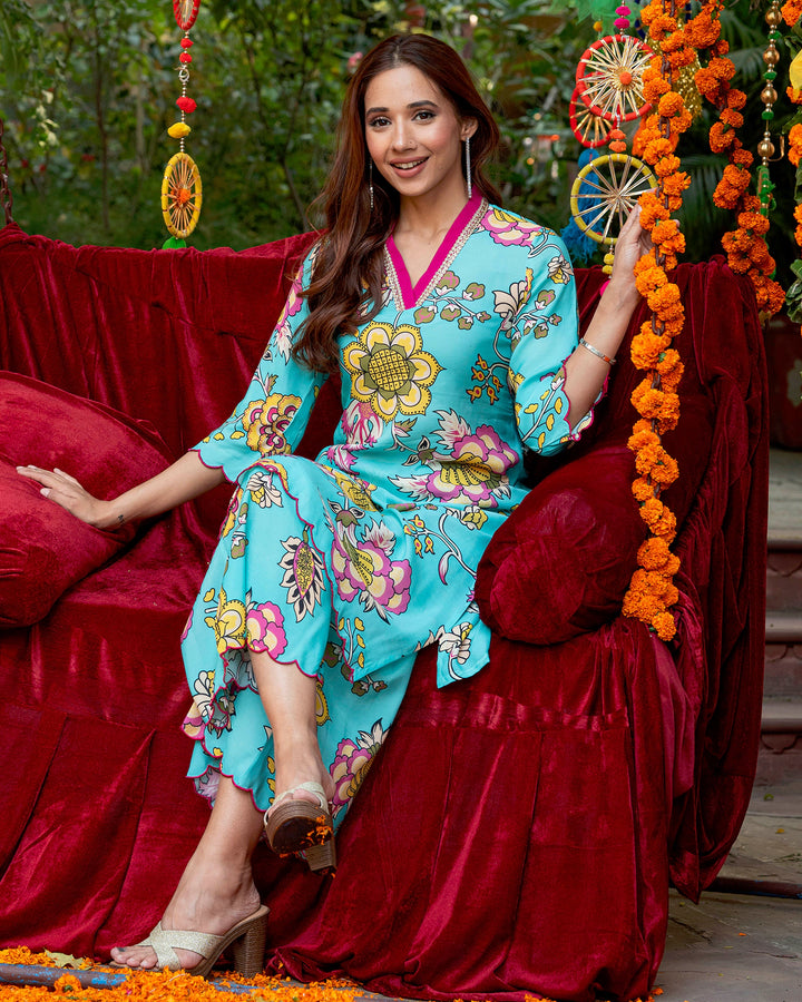 Blue Floral-Stroked Kurta Set