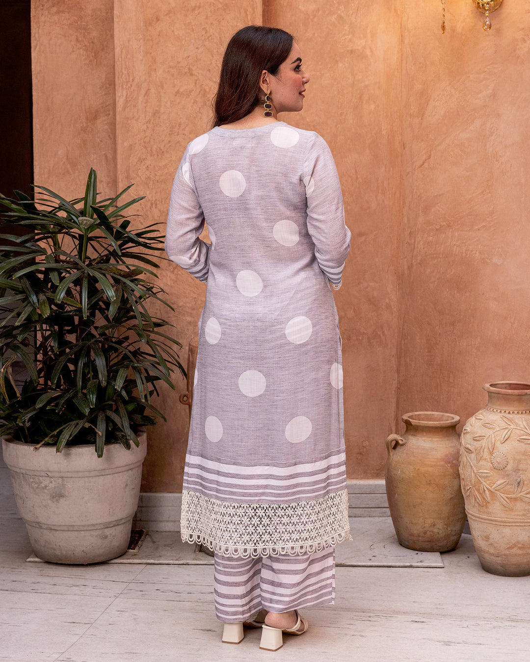 Grey Lace & Polka Kurta Set