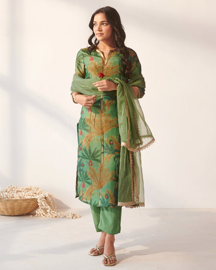 Green Foliage Print Suit Set