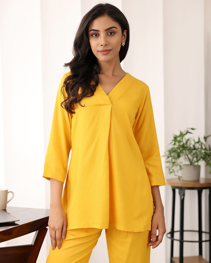 Yellow V-neck Rayon Co-ord Set