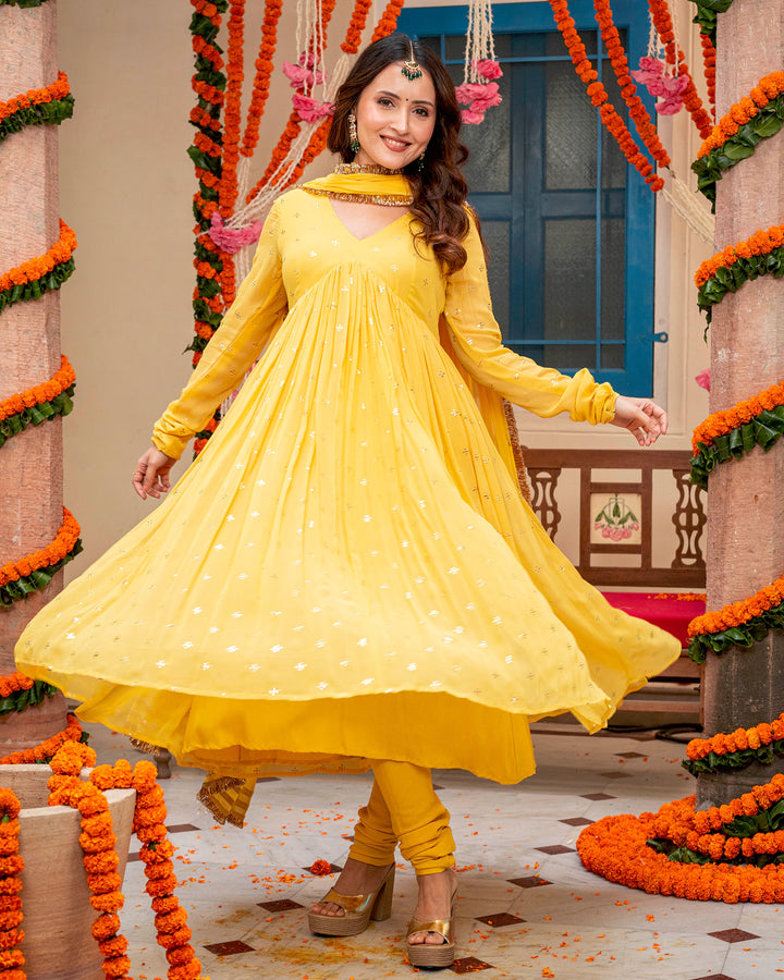 Mustard Mukaish Work Suit Set