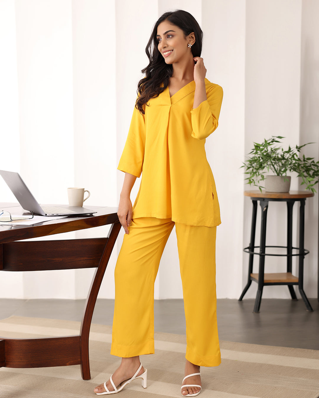 Yellow V-neck Rayon Co-ord Set