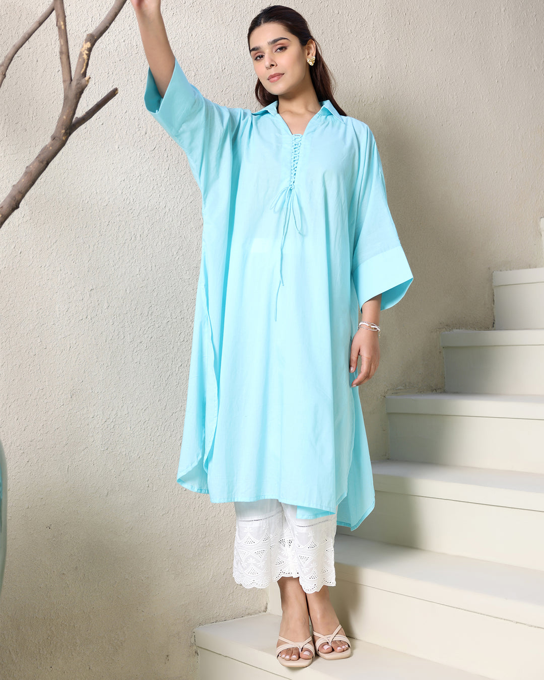 A-line Sky Blue Cotton Kurta