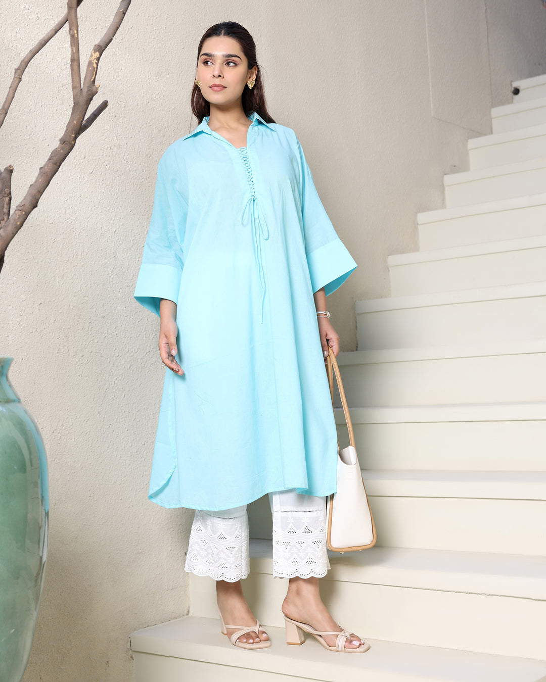 A-line Sky Blue Cotton Kurta
