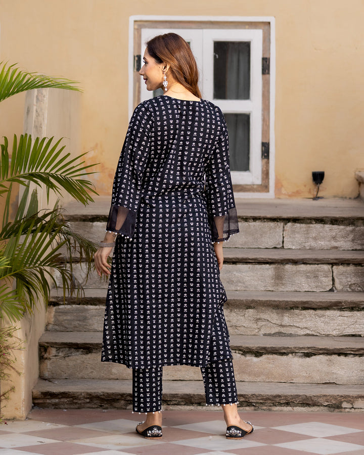 Black Printed Cotton Kurta Set