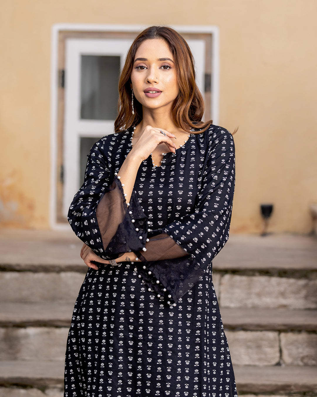 Black Printed Cotton Kurta Set