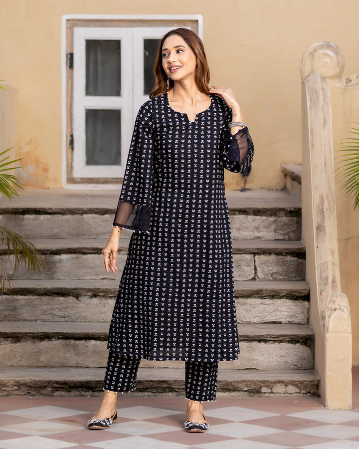 Black Printed Cotton Kurta Set
