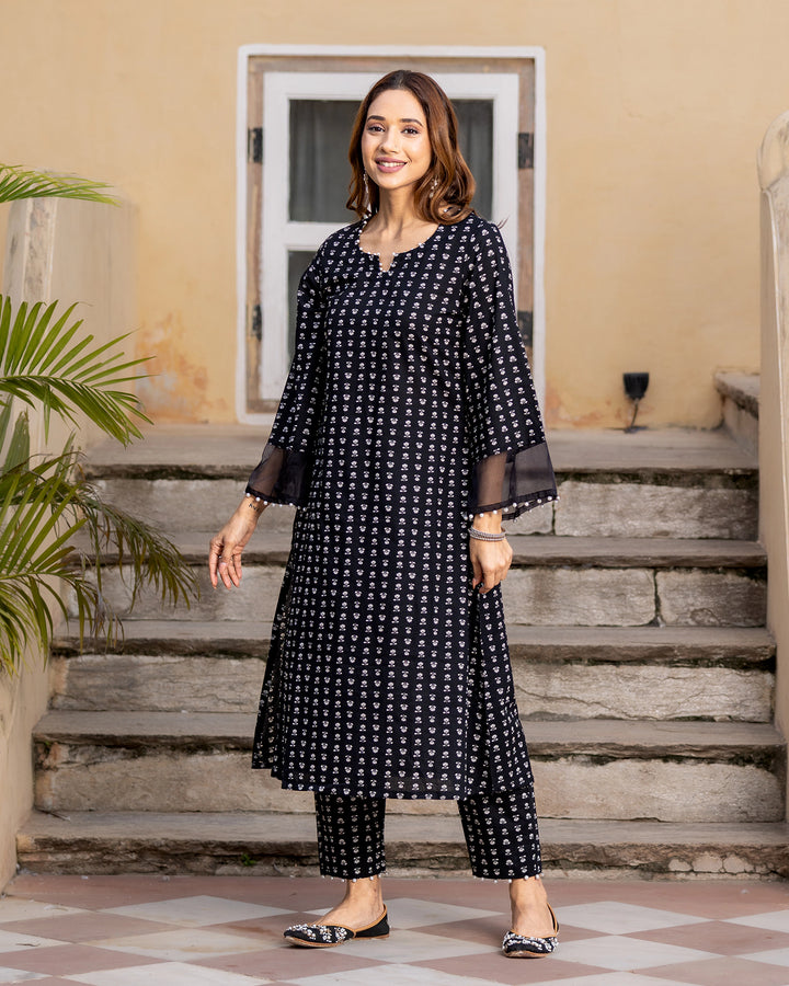 Black Printed Cotton Kurta Set