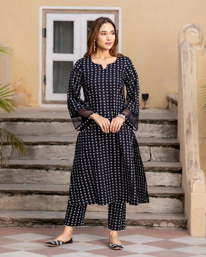 Black Printed Cotton Kurta Set