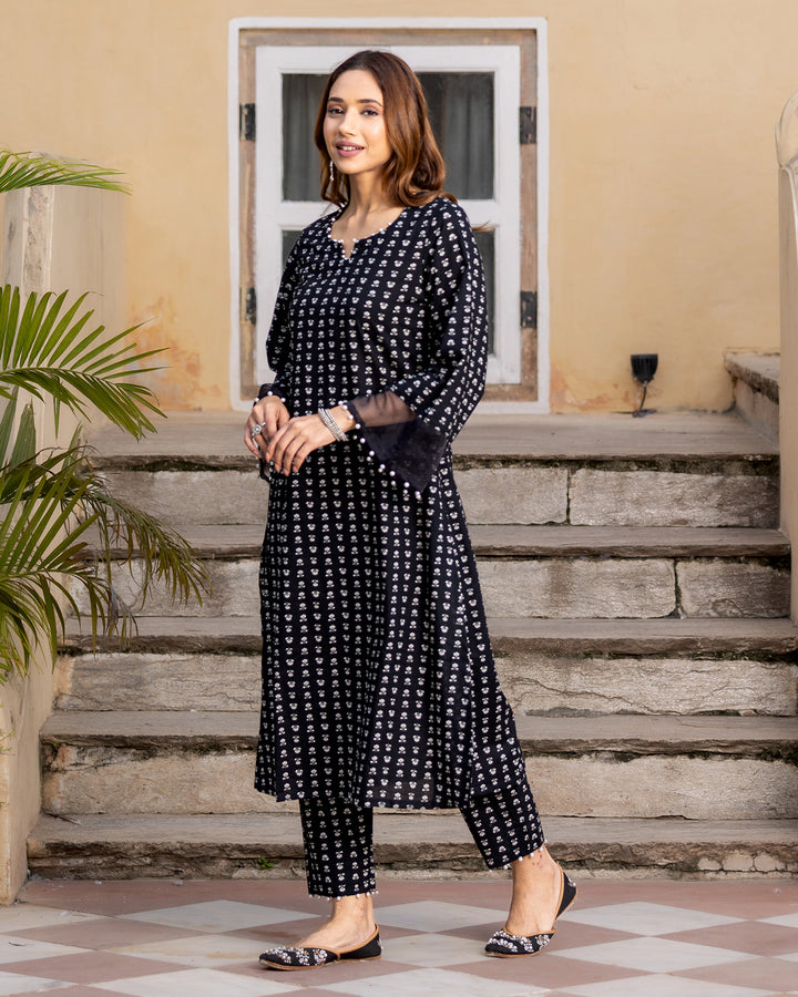 Black Printed Cotton Kurta Set